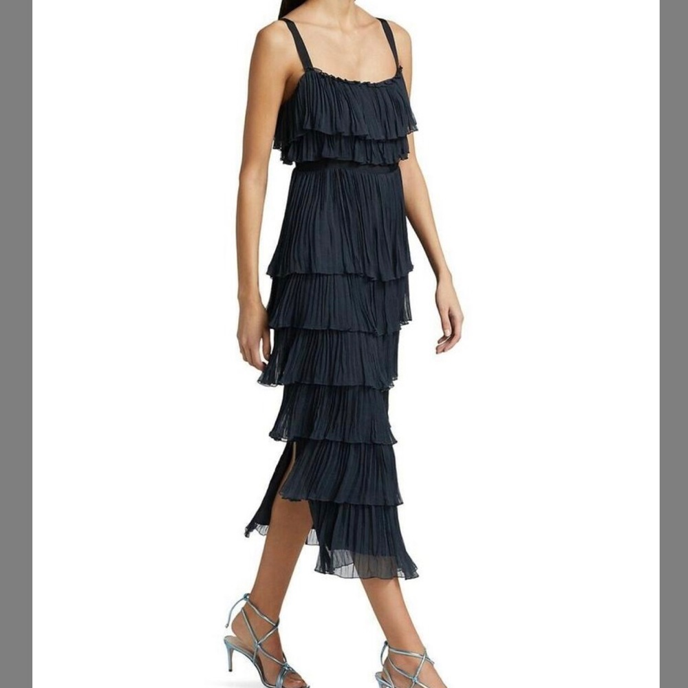 Cinq a Sept Elaine Navy Pleated Tier Midi Dress | SZ 0
